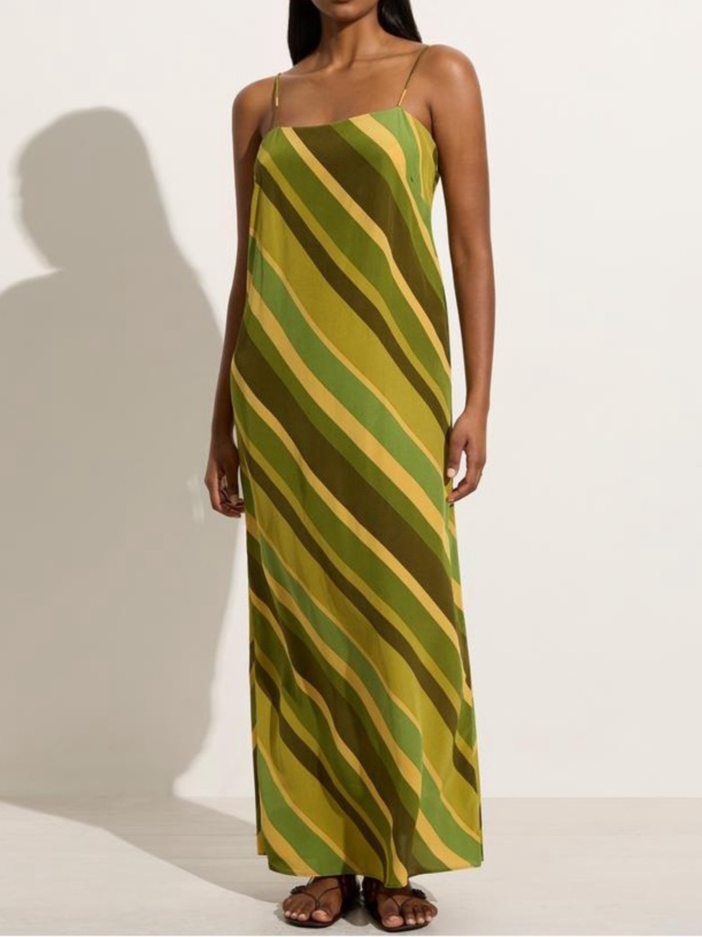 Striped Maxi Dress Green Silky Spaghetti Strap Long Size Medium - Picture 9 of 9